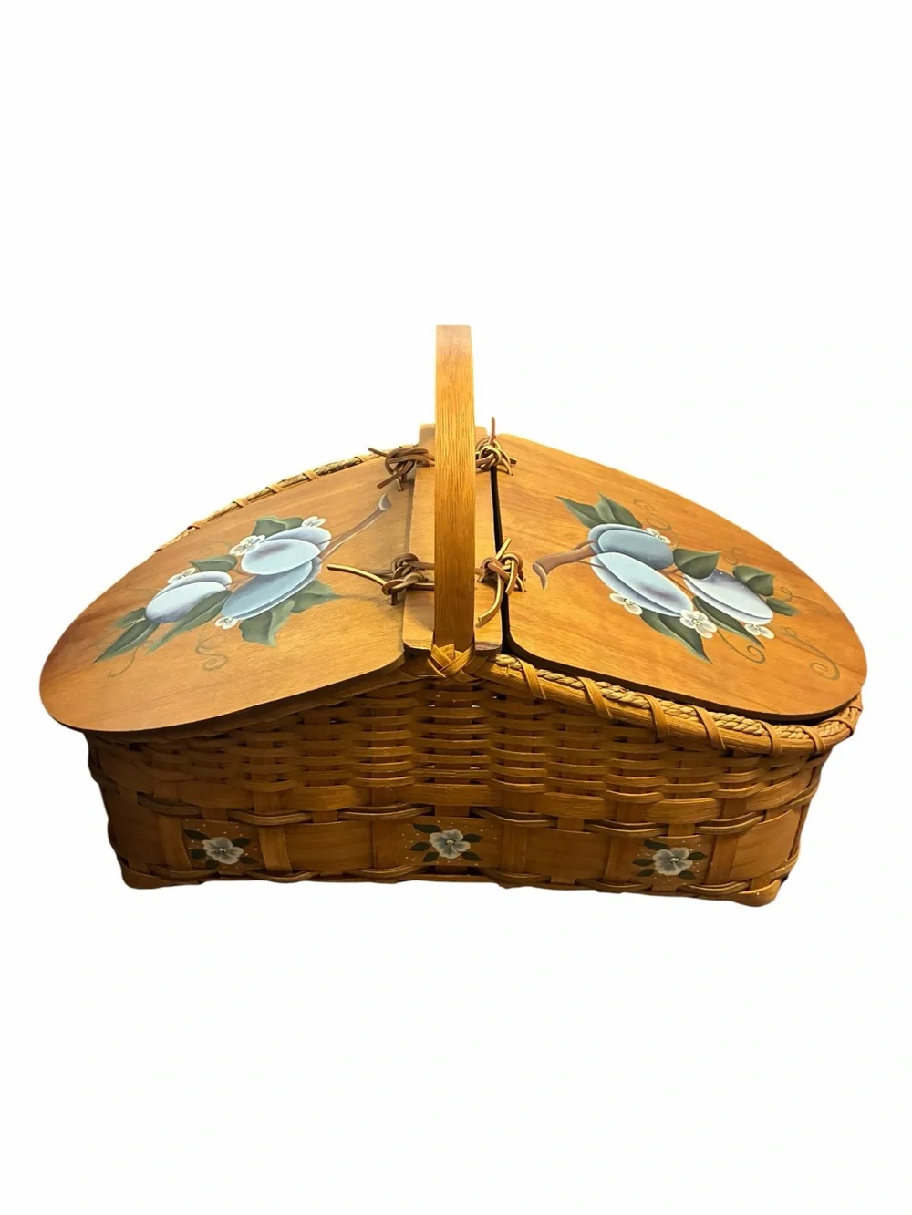 Vintage Hand Painted Plum Floral Woven Wood Double Lid Picnic Basket Brown Large
